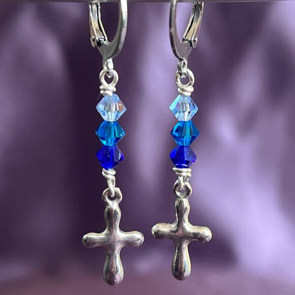 Artisan Jewelry - Silver Cross Charm Earrings, Ombre Blue Swarovski Crystals & Lever Back Earwires